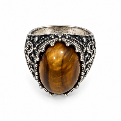 Ornate Tiger Eye Steel Ring