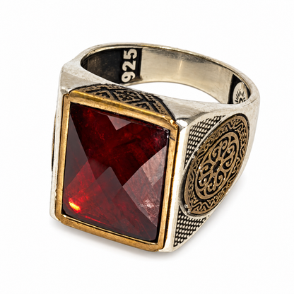Ornate Garnet Red Silver Ring