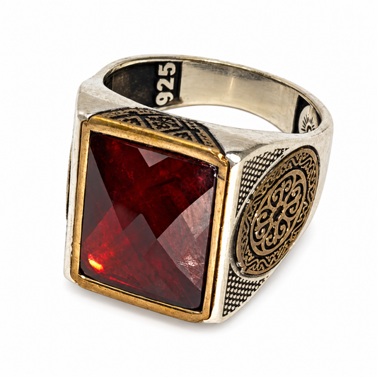 Ornate Garnet Red Silver Ring