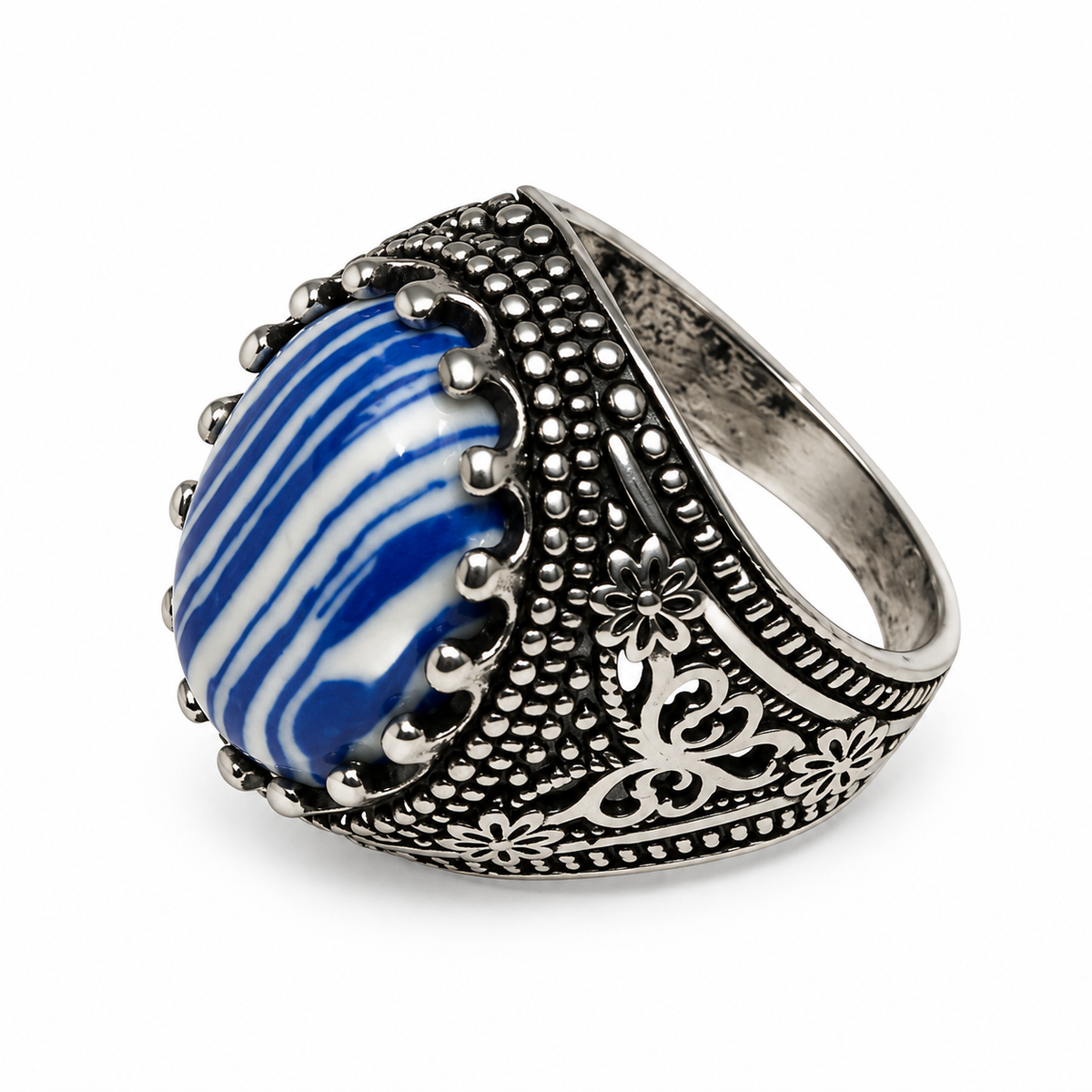 Blue Striped Stone Steel Ring