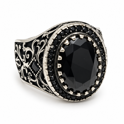 Black Feceted Oval Silver Ring