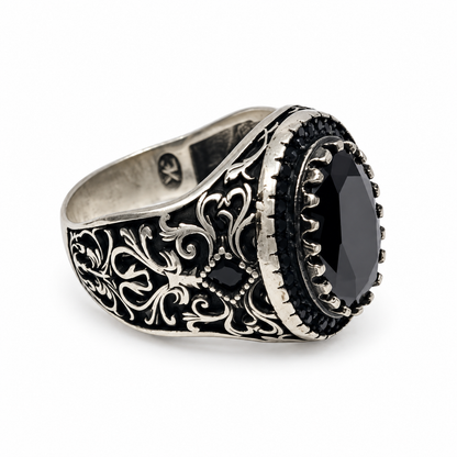 Black Feceted Oval Silver Ring