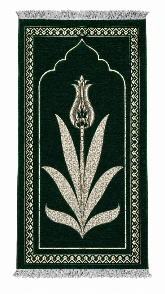 Turkish Velvet Olive Green - Gold Prayer Rug