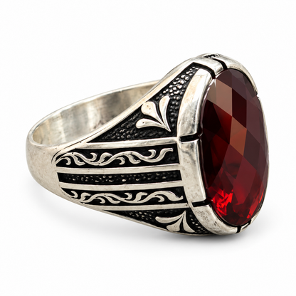 Faceted Oval Red Silver Ring