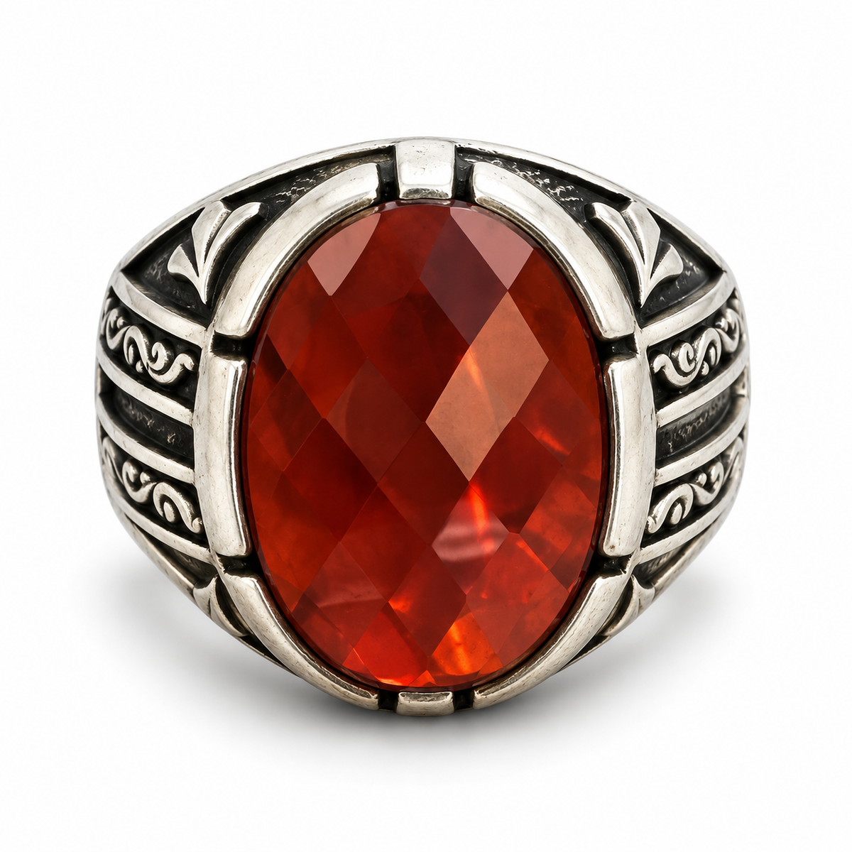 Faceted Oval Red Silver Ring