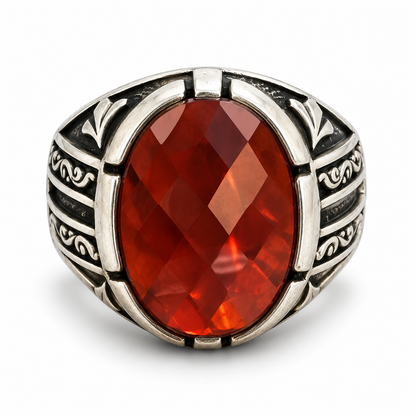 Faceted Oval Red Silver Ring