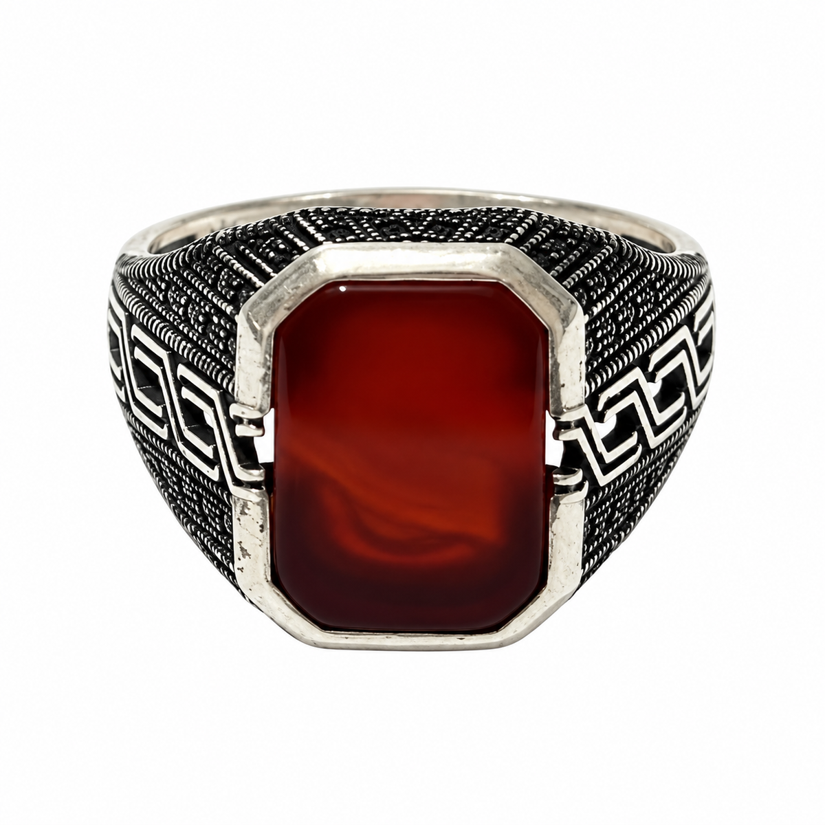 Red Rectangular Stone Silver Ring