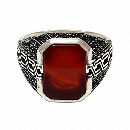 Red Rectangular Stone Silver Ring