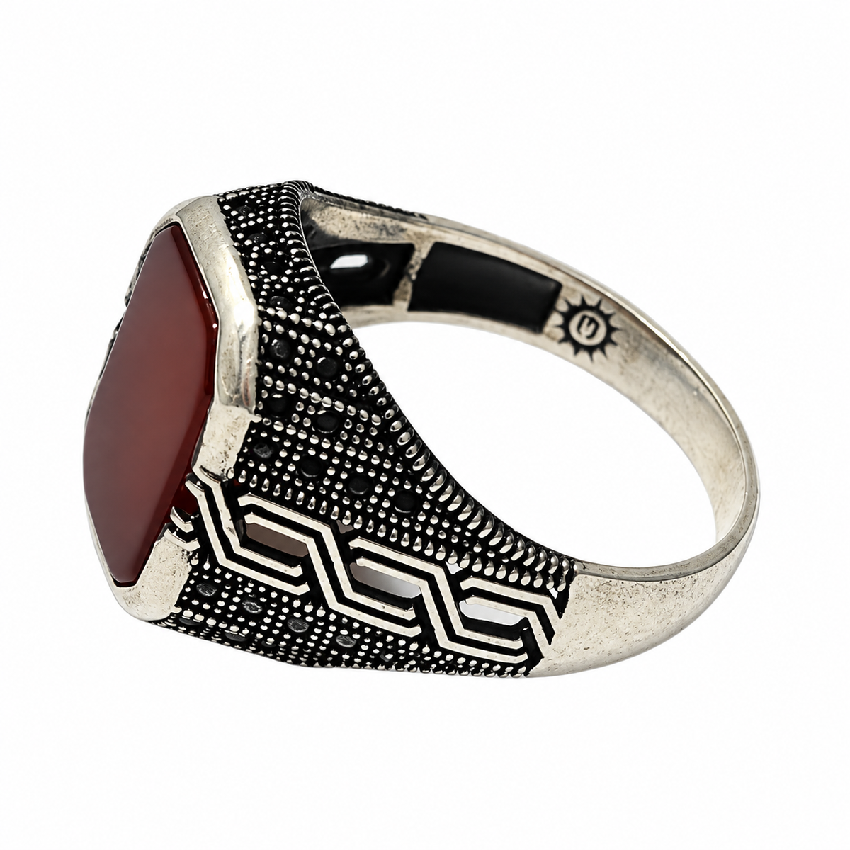 Red Rectangular Stone Silver Ring