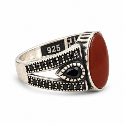 Burgundy Oval Red Shape Silver Ring