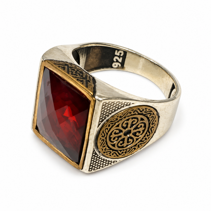 Ornate Garnet Red Silver Ring