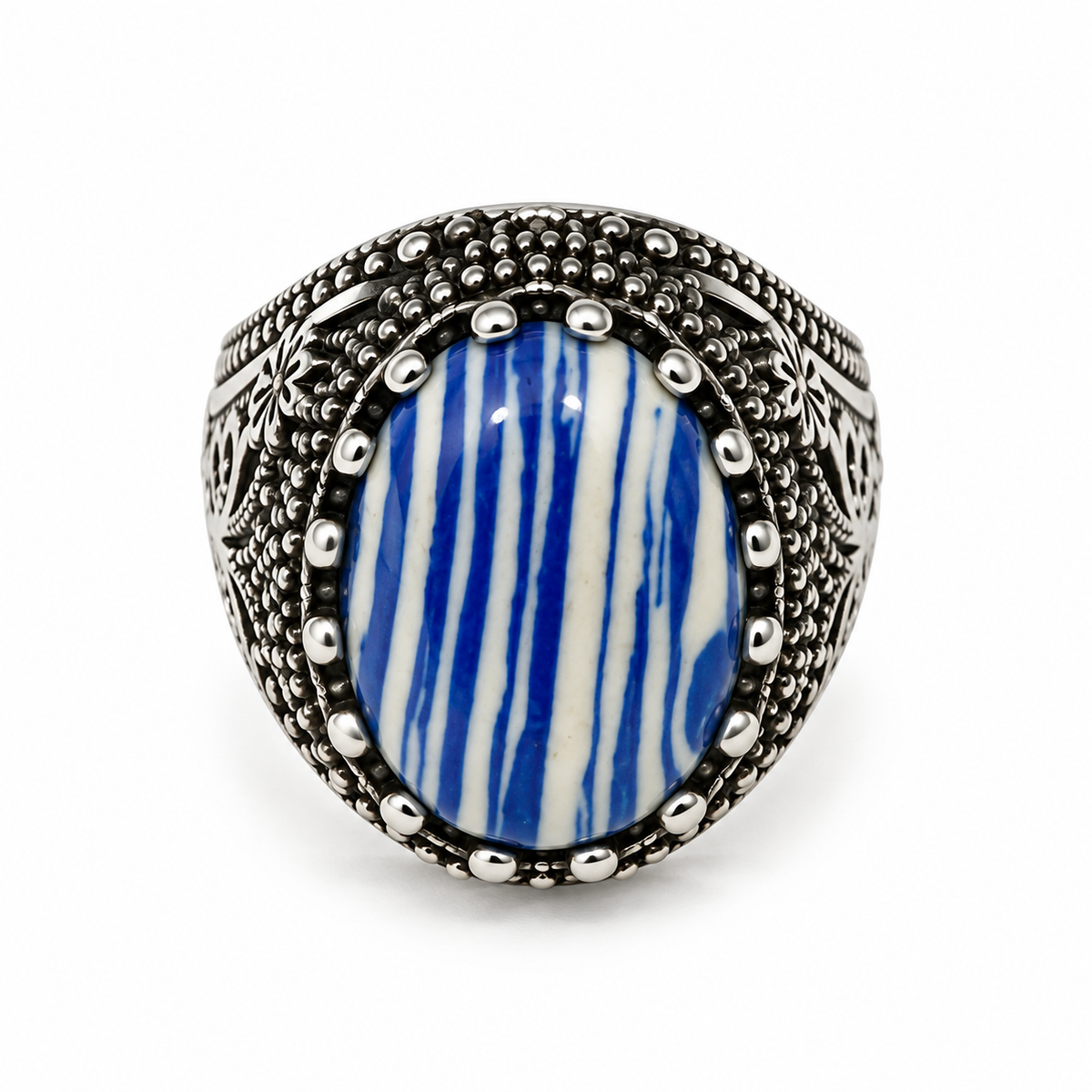 Blue Striped Stone Steel Ring