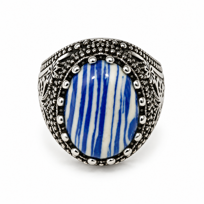 Blue Striped Stone Steel Ring